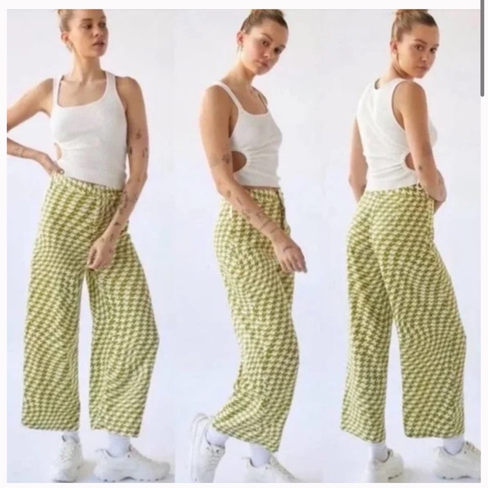 Urban Outfitters Olympia Crop Pants Mustard Green/White High Waisted Wide Leg L - Picture 5 of 7